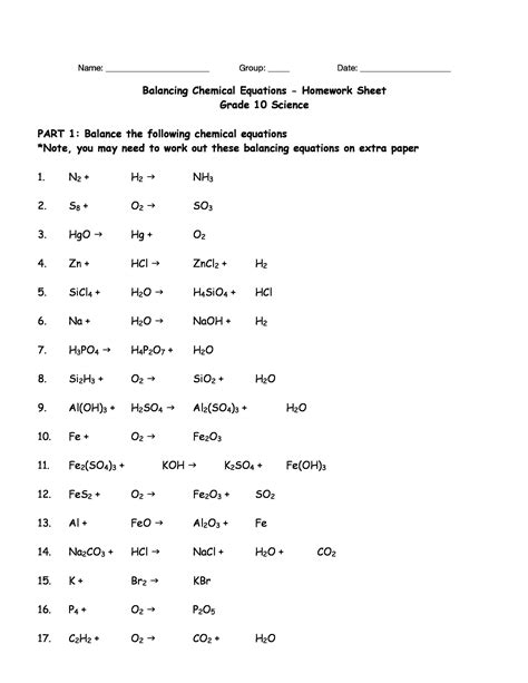 Answers For Balancing Chemical Equations Balancing Chemical