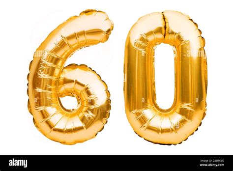 Number 60 sixty made of golden inflatable balloons isolated on white. Helium balloons, gold foil ...