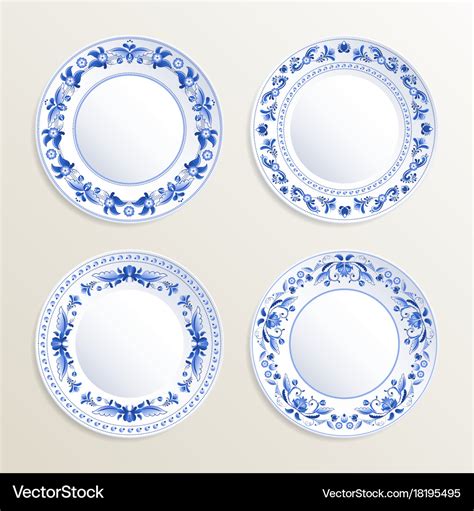 Vintage plates painted at gzhel style Royalty Free Vector