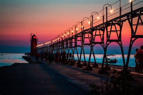 South Haven Michigan`s Lighthouse and Pier during Blue Hour and Sunset ...