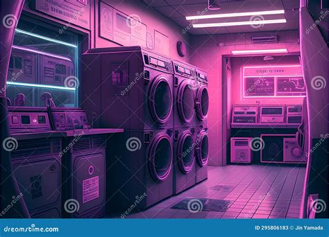 Laundry Room with Washing Machines in Purple Light 3d Illustration Stock Illustration ...