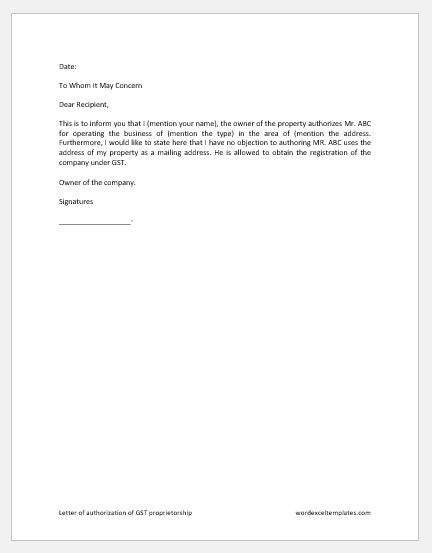 Letter of Authorization of GST Proprietorship | Download