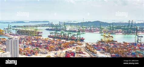 Panorama of Singapore cargo shipping port, transportational containers ...