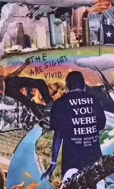 a man standing in front of a painting with the words wish you were here