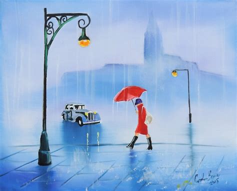 "Woman with a red umbrella rainy day painting" by GORDON BRUCE ART ...