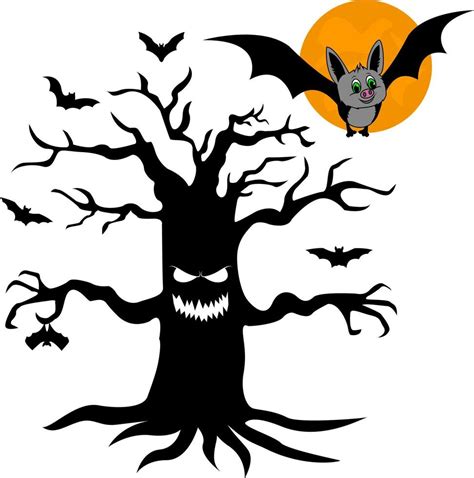 Full moon and bats. Halloween. Big tree with eyes, mouth. Black ...