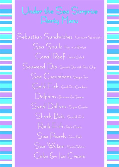 a menu for an under the sea summer party with pink, blue and green stripes