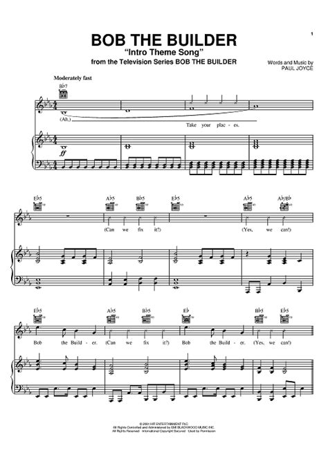 Bob The Builder 'Intro Theme Song'" Sheet Music by Paul Joyce for Piano ...