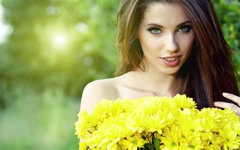 women, yellow flowers, bare shoulders, women outdoors, brunette, Sunny, makeup, green eyes, face ...