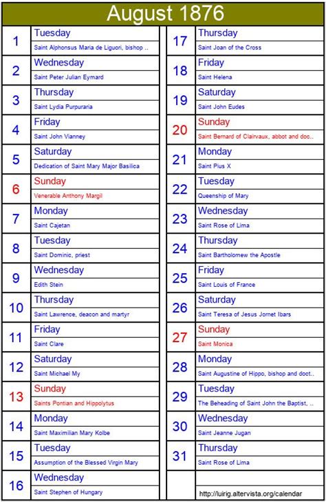 August 1876 - Roman Catholic Saints Calendar