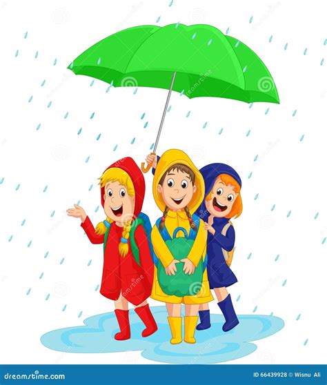 Three School Girl with Raincoat Under a Large Umbrella on a Rainy Day ...