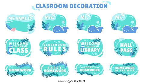 Ocean Classroom Decorative Labels Set Vector Download