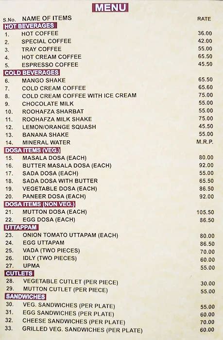 Menu of Indian Coffee House, Connaught Place (CP), New Delhi | August 2022