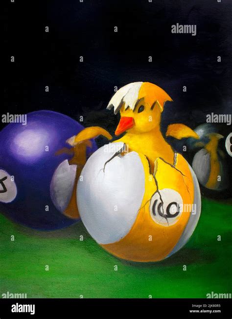 The Artwork of Ken L. Howard depicting a duckling hatching from a 9 ball, billiards ball Stock ...