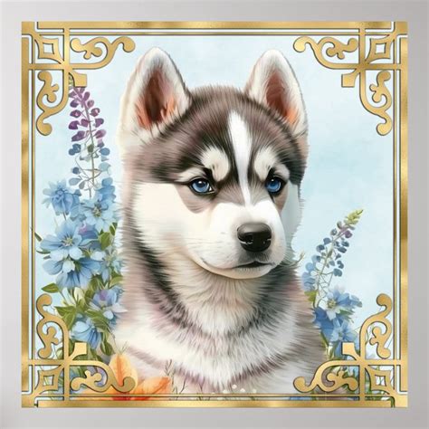 Watercolor Flowers and Siberian Husky Puppy Poster | Zazzle | Cute ...