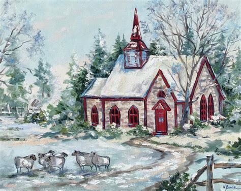 Christmas Church Painting Winter Original Art Holiday Cottage Wall Art ...