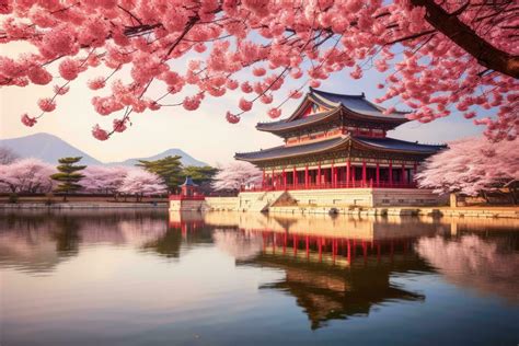 Beautiful Gyeongbokgung Palace in Seoul, South Korea, Gyeongbokgung palace with cherry blossom ...