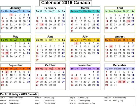 Canada 2019 Calendar with Holiday Colorful. | Free printable calendar ...