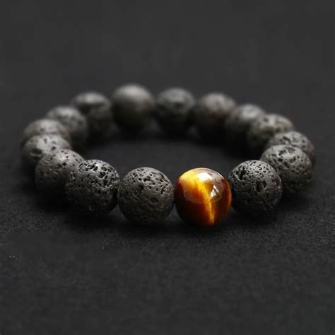 Wholesale Black Volcanic Lava Stone Tiger Eye 12mm Beaded bracelet For Men Fashion personality ...