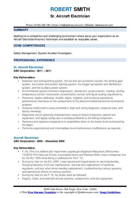 Aircraft Electrician Resume Samples | QwikResume