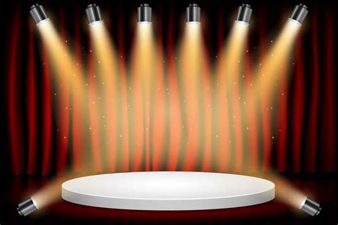 White Round Winner Podium on Red Curtain Theater Scene Stage Background ...