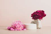 Modern podium wooden geometric shapes stone green fresh plant flowers peony pastel pink ...