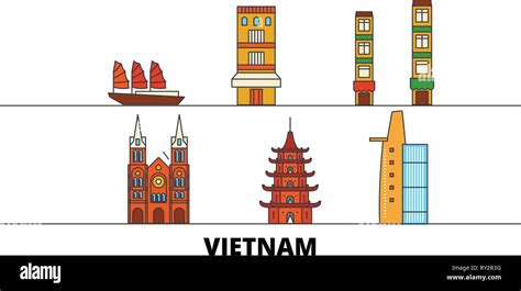 Vietnam flat landmarks vector illustration. Vietnam line city with ...