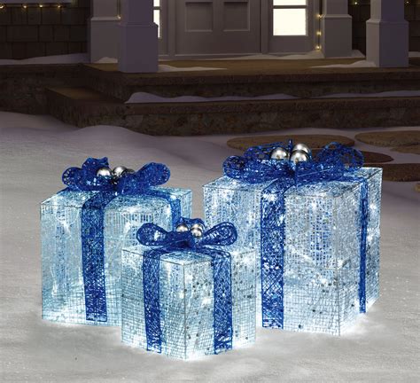 Set of 3 Lighted Silver and Blue Glitter Gift Box Christmas Outdoor Decorations 12" | Blue ...