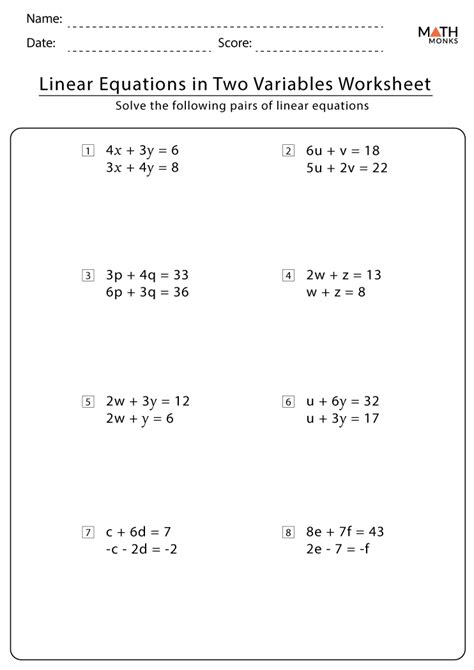 Linear Equations Worksheets with Answer Key