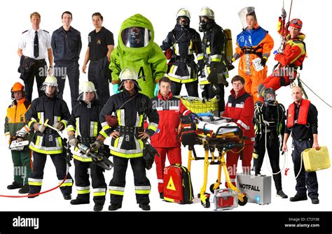 Firefighters, in various uniforms, suits, with different equipments ...