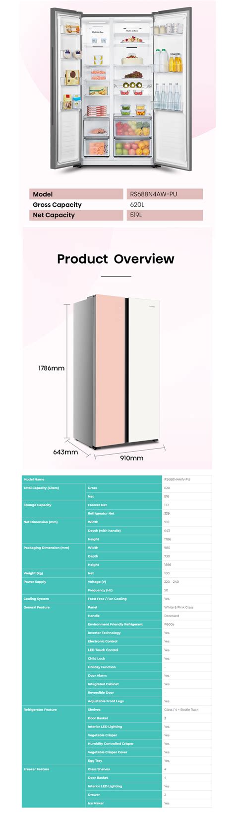 HISENSE 620L Side by Side Inverter Refrigerator RS688N4AW-PU | Deodori