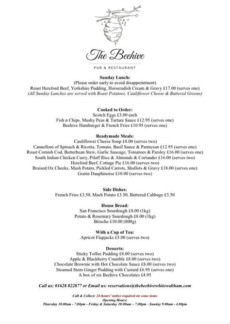 Menu at The Beehive Restaurant & Pub, Maidenhead