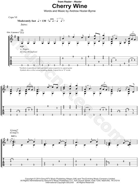 Hozier "Cherry Wine" Guitar Tab in G Major - Download & Print - SKU: MN0162361