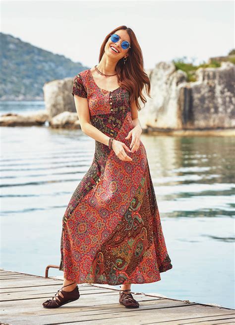 Half Sleeve Boat Neck Patchwork Maxi Boho Dress | Wholesale Boho Clothing