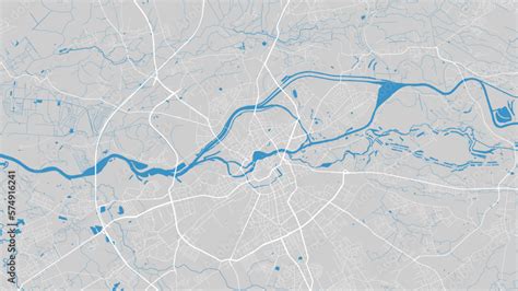 Oder river map, Wroclaw city, Poland. Watercourse, water flow, blue on grey background road map ...