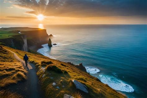 Premium Photo | A man walks along a cliff edge with a sunset in the ...