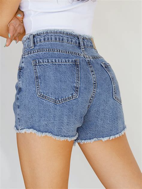 Emmiol Free shipping 2024 Raw Edge Basic Denim Shorts Blue XL in Denim ...