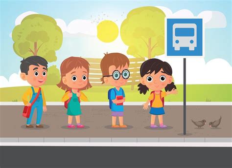 A vector illustration of school kids with school supplies waiting at a bus stop 10613178 Vector ...