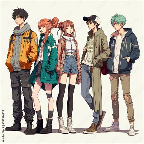 Group of young people in anime style, manga girls and boys Generative AI.. Stock Illustration ...