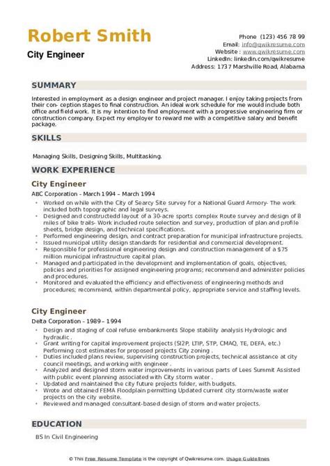 City Engineer Resume Samples | QwikResume