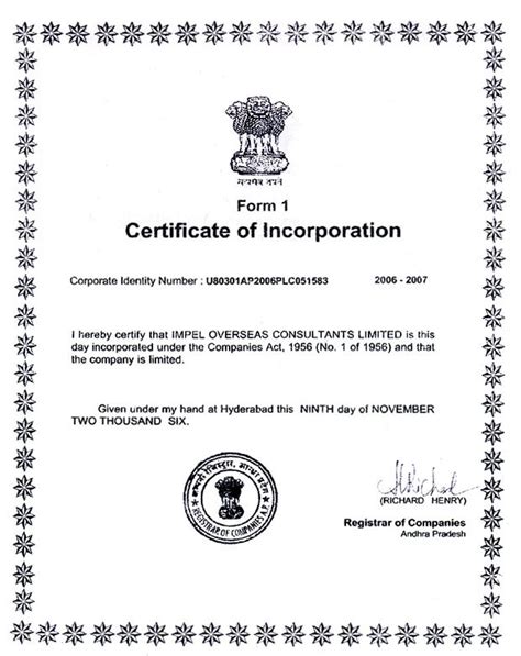 Certificate of Incorporation | Impel Overseas Consultants Limited