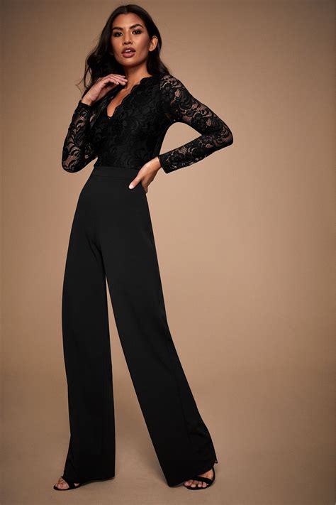 Womens Lipsy Long Sleeve Lace Jumpsuit - Black | Black lace jumpsuit ...