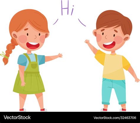 Friendly kids greeting each other waving hands and