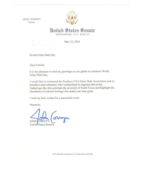 Texas, USA: US Senator John Cornyn Sends Greeting Letter to Celebrate ...