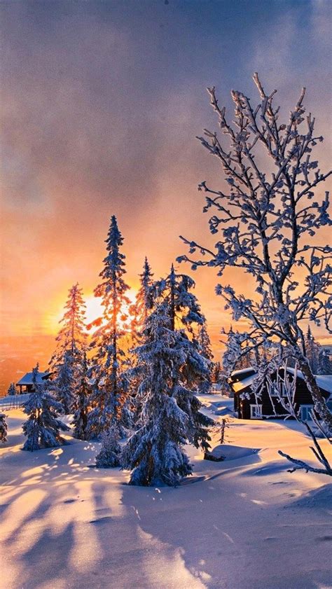 Download wallpapers winter sunset, snowdrifts, HDR, orange sun rays ...