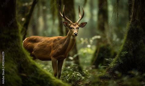 Barasingha standing in its natural habitat, a lush and vibrant forest. The deer's antlers are ...