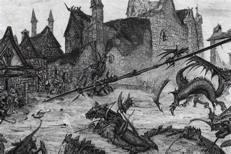 very old photo of dragon attacking the medieval village | Stable ...