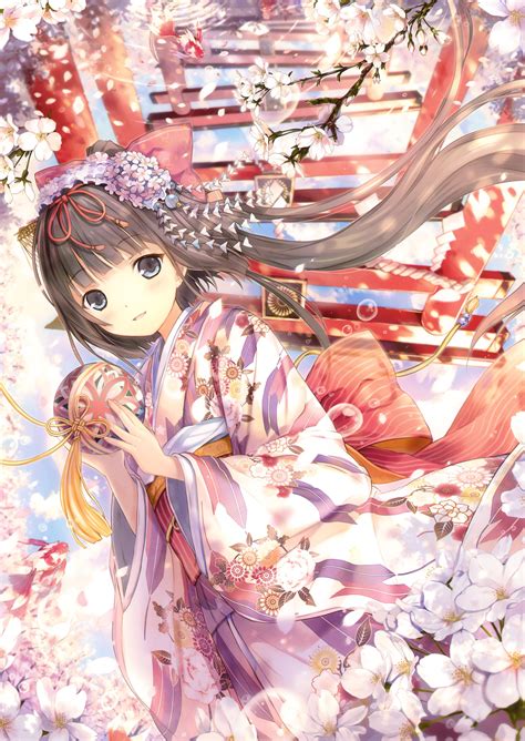 brunettes, Flowers, Kimono, Torii, Flower, Petals, Anime, Girls, Original, Characters