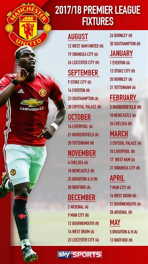 Manchester United full Premier league fixture list. Manchester United Old Trafford, Manchester ...