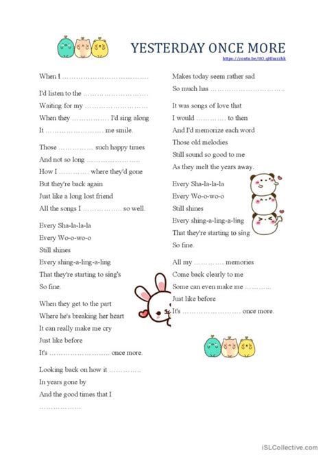 Yesterday Once More - Song Gap Fill…: English ESL worksheets pdf & doc